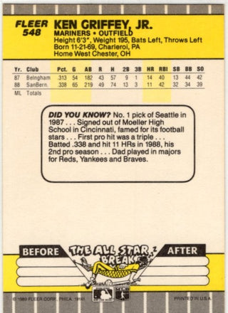Ken Griffey Jr 1989 Fleer Card #548