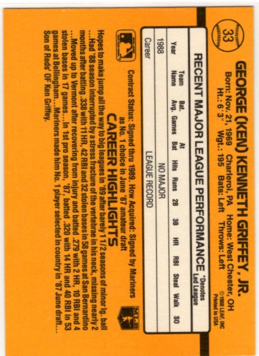 Ken Griffey Jr 1989 Donruss Rate Rookie Card #33