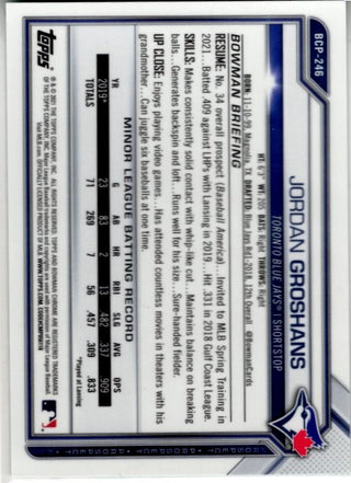 Jordan Groshans 2021 Bowman Chrome Prospect Aqua Ice Cracked Refractor Card #BCP-246 72/99
