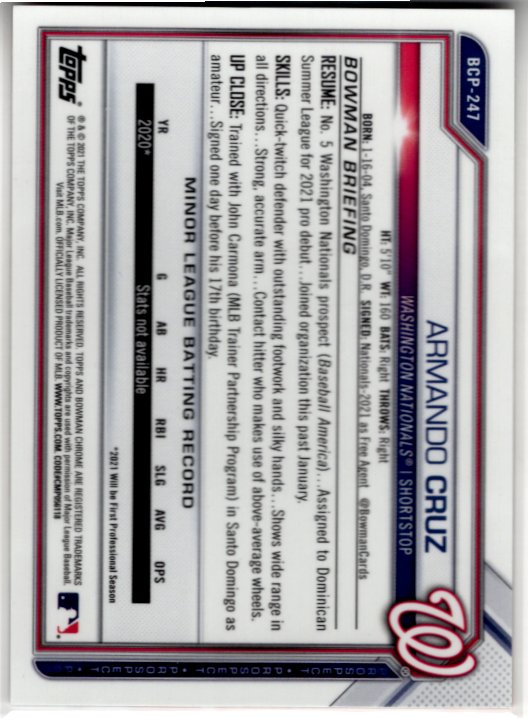 Armando Cruz 2021 Bowman Chrome Prospects 1st Bowman Orange Ice Cracked Refractor Card #BCP-247 67/75