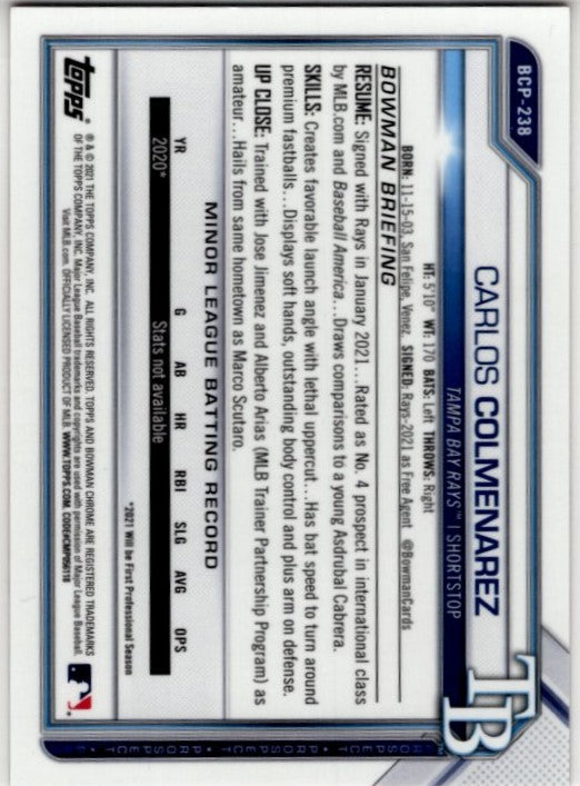 Carlos Colemenarez 2021 Bowman Chrome Prospect 1st Bowman Orange Ice Cracked Refractor Card #BCP-238 07/75