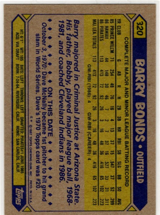 Barry Bond 1987 Topps Card #320