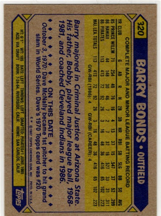 Barry Bond 1987 Topps Card #320