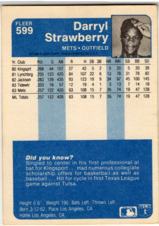 Darryl Strawberry 1984 Fleer Card #599