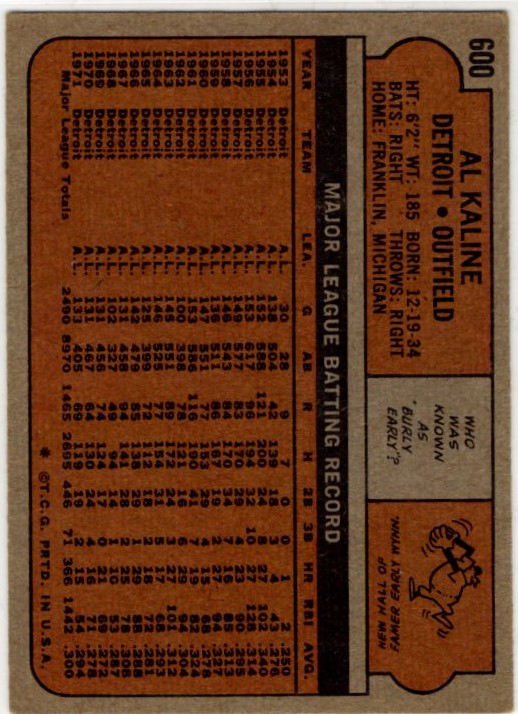 Al Kaline 1972 Topps Card #600