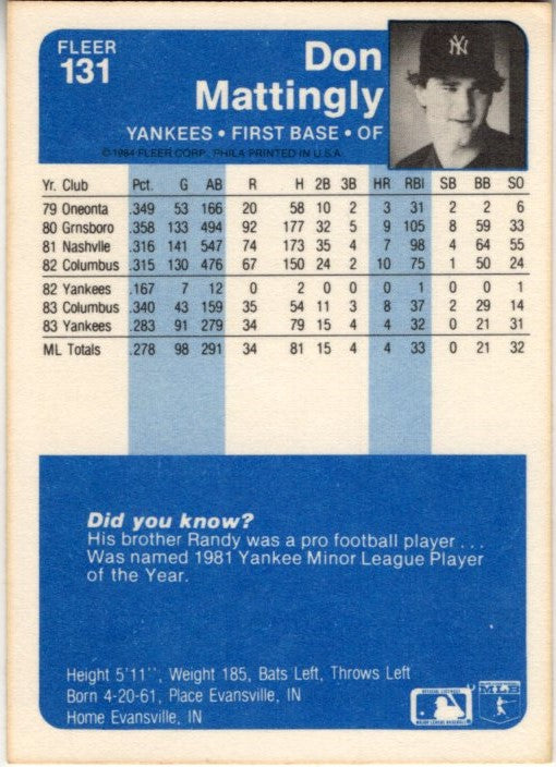Don Mattingly 1984 Fleer Card #131