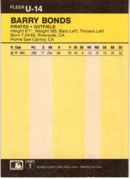 Barry Bonds 1986 Fleer Update Card #U-14
