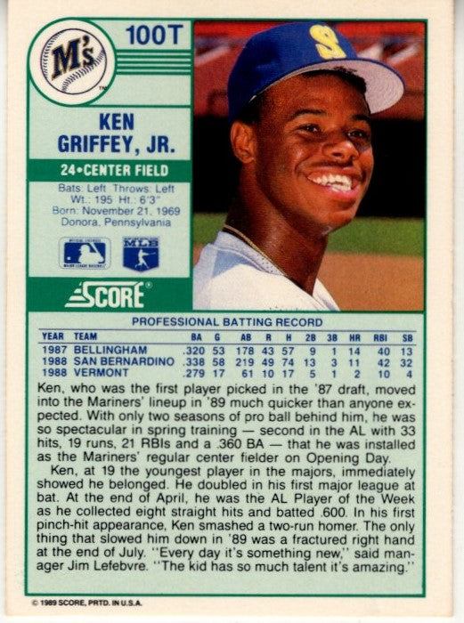 Ken Griffey Jr. 1989 Score Traded Card #100T