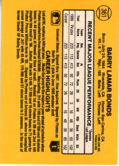 Barry Bonds 1987 Donruss Card #361