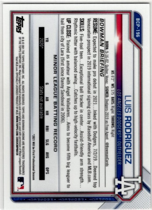 Luis Rodriguez 2021 Bowman Chrome Prospect Sapphire Orange Cracked Ice Refractor BCP-196 74/75