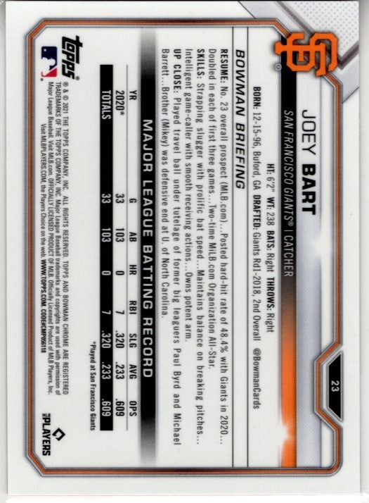 Joey Bart 2021 Bowman Chrome Sapphire Orange Cracked Ice Refactor RC Card #23 57/75