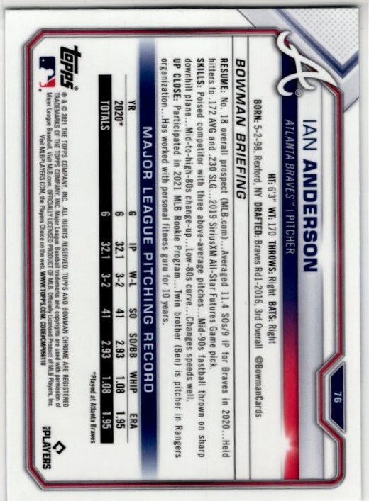 Ian Anderson 2021 Bowman Chrome Sapphire Blue Cracked Ice RC Card #76