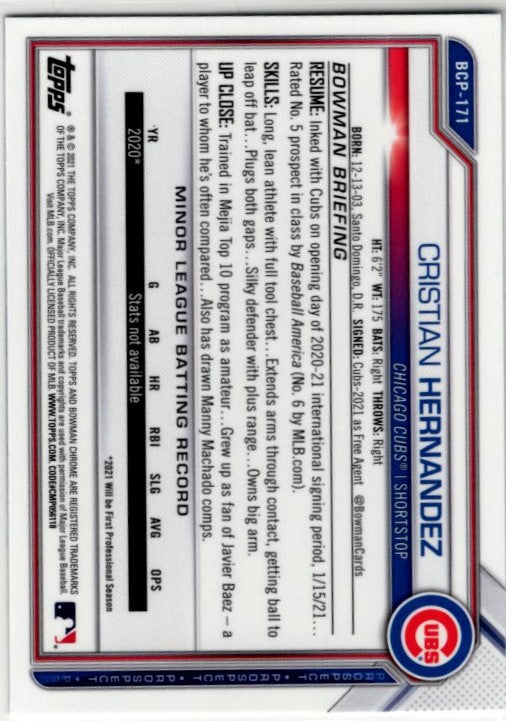 Cristian Hernandez 2021 Bowman Chrome Prospect 1st Bowman Sapphire Blue Cracked Ice Card #BCP-171