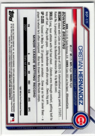 Cristian Hernandez 2021 Bowman Chrome Prospect 1st Bowman Sapphire Blue Cracked Ice Card #BCP-171