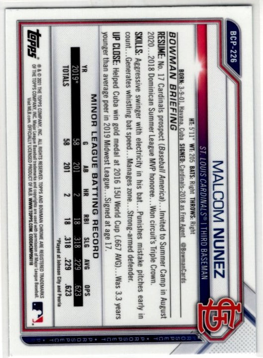 Malcom Nunez 2021 Bowman Chrome Prospect Sapphire 1st Bowman Blue Cracked Ice Card #BCP-226