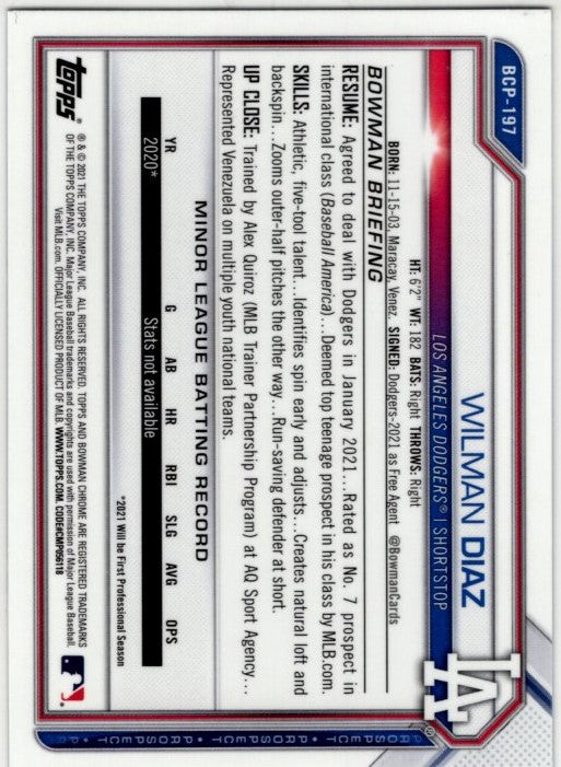 Wilman Diaz 2021 Bowman Chrome Prospect 1st Bowman Sapphire Blue Cracked Ice Card #BCP-197