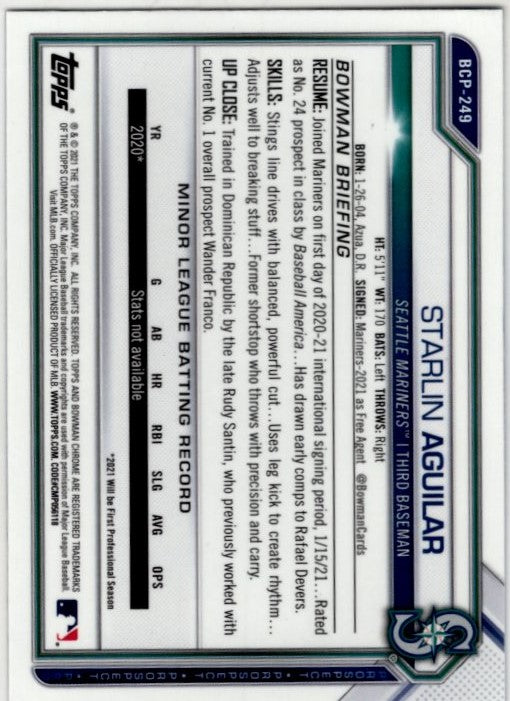 Starlin Aguilar 2021 Bowman Chrome Prospect 1st Bowman Sapphire Blue Cracked Ice Card #BCP-249