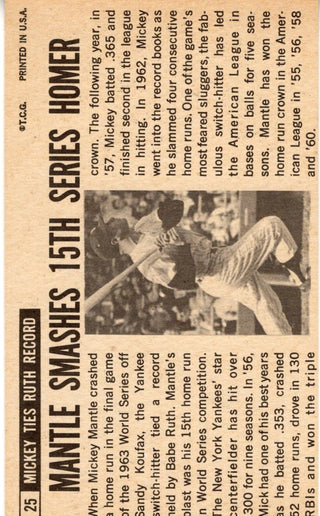 Mickey Mantle 1964 Topps Gaints Card #25