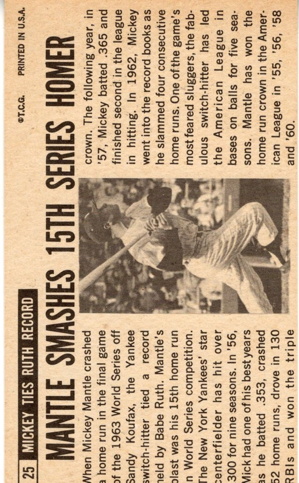 Mickey Mantle 1964 Topps Gaints Card #25