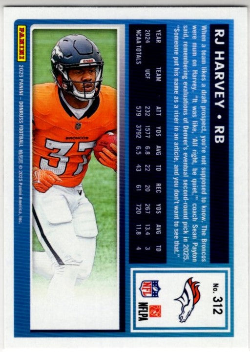 RJ Harvey 2025 Panini Donruss Rated Rookie Card #312