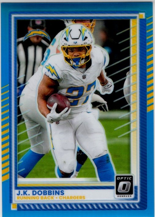 J.K. Dobbins 2025 Panini Donruss Optic Blue Prizm Card #55 388/399