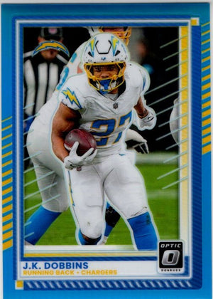 J.K. Dobbins 2025 Panini Donruss Optic Blue Prizm Card #55 388/399