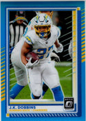 J.K. Dobbins 2025 Panini Donruss Optic Blue Prizm Card #55 388/399