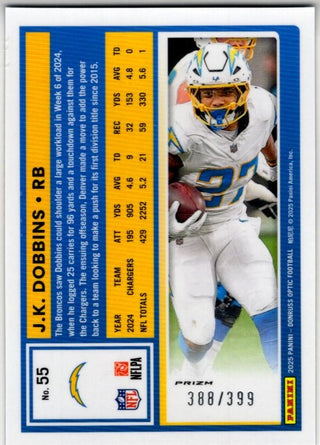 J.K. Dobbins 2025 Panini Donruss Optic Blue Prizm Card #55 388/399