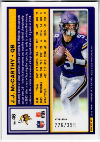 J.J. McCarthy 2025 Panini Donruss Optic Blue Prizm Card #46 226/399