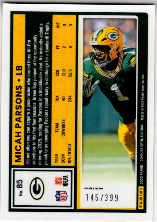 Micah Parsons 2025 Panini Donruss Optic Blue Prizm Card #85 145/399
