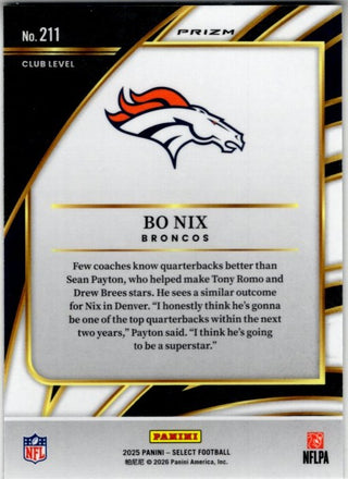 Bo Nix 2025 Panini Select Club Level Silver Prizm Card #211