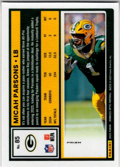 Micah Parsons 2025 Panini Donruss Optic Silver Holo Prizm Card #85