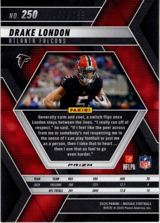 Drake London 2025 Panini Mosaic Orange Flourescent Mosaic Prizm Card #250 177/199