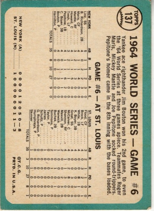 Jim Bouton Wins Again 1965 Topps World Series Game 6 Card #137
