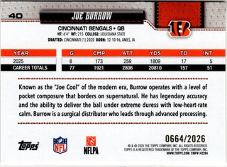 Joe Burrow 2026 Topps Flagship Card #40 0664/2026