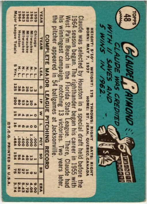Claude Raymond 1965 Topps Card #48