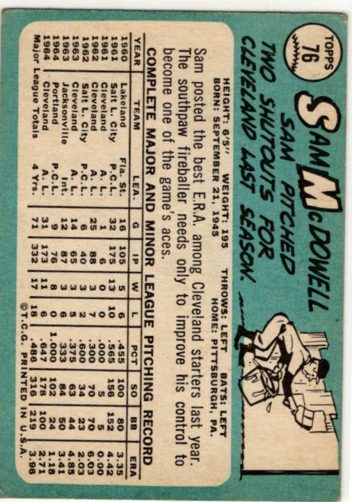 Sam McDowell 1965 Topps Card #76
