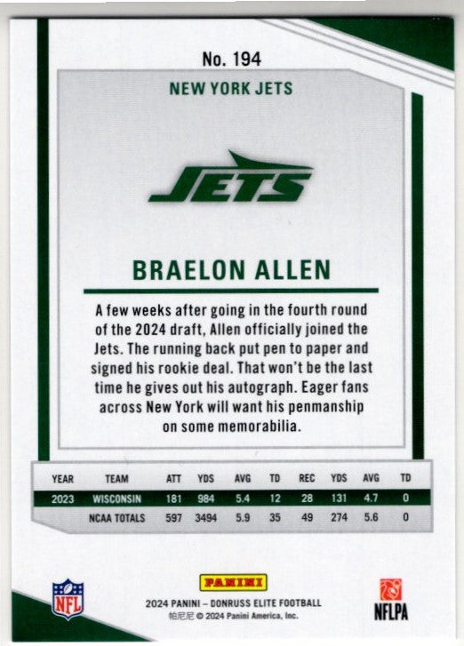 Braelon Allen 2024 Panini Donruss Elite RC Card #194 310/999