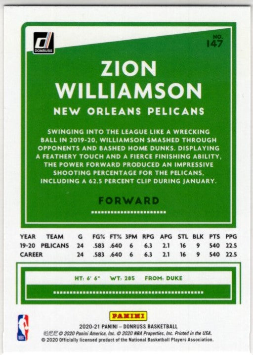 Zion Williamson 2020-21 Panini Donruss Orange Laser Card #147