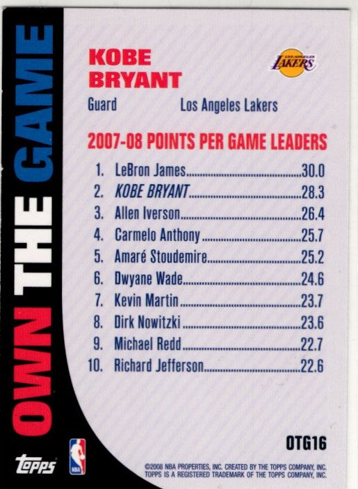 Kobe Bryant 2008-09 Topps Own the Game Card #0TG16