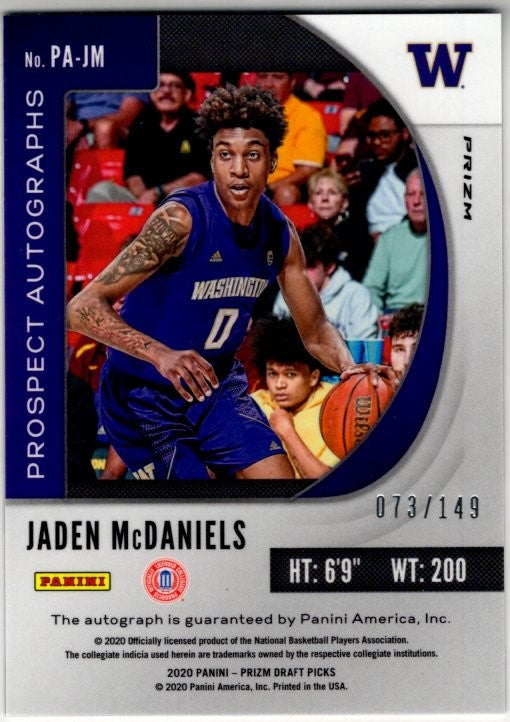 Jaden McDaniels 2020-21 Panini Blue Prizm Draft Picks Prospect Autograph RC Card #PA-JM 073/149