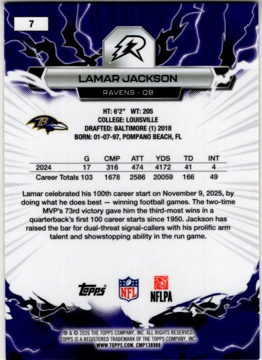 Lamar Jackson 2026 Topps Resurgence Blue & Orange Spark Refractor Card #7