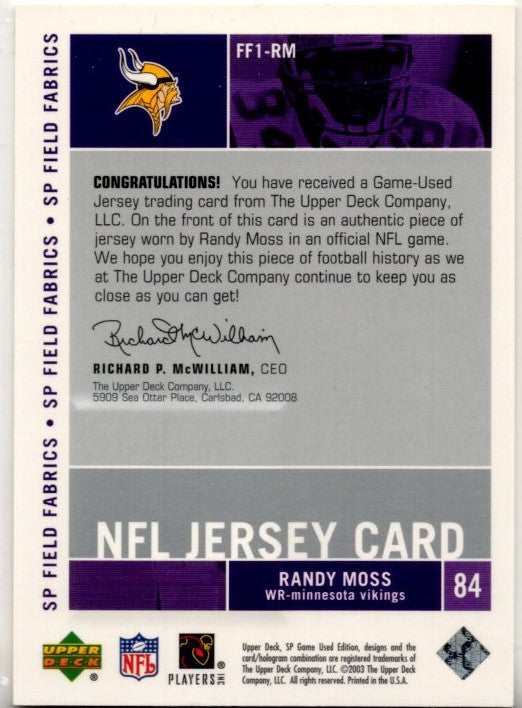 Randy Moss 2003 Upper Deck SP Game Used Edition Field Fabrics Jersey Card #FF1-RM