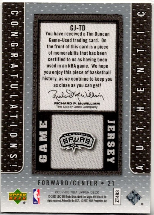 Tim Duncan 2007-08 Upper Deck Game Used Jersey Card #GJ-TD