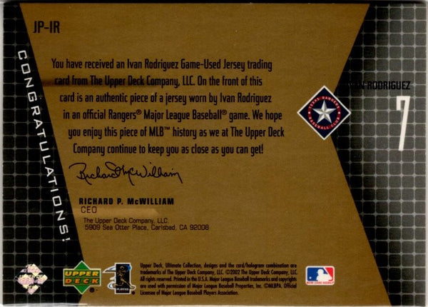 Ivan Rodriguez 2002 Upper Deck Ultimate Collection Game Jersey Card #JP-IR 116/199