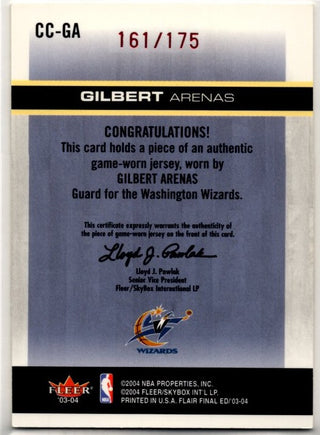 Gilbert Arenas 2003-04 Fleer Final Edition Courtside Cuts Authentic Game Worn Jersey Card #CC-GA 161/175