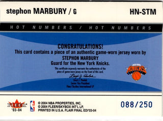 Stephon Marbury 2003-04 Fleer Final Edition Hot Numbers Authentic Game Worn Jersey Card #HN-STM 008/250