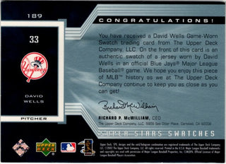 David Wells 2002 Upper Deck SPx Super Stars Swatches Game Worn Jersey Card #189 231/800