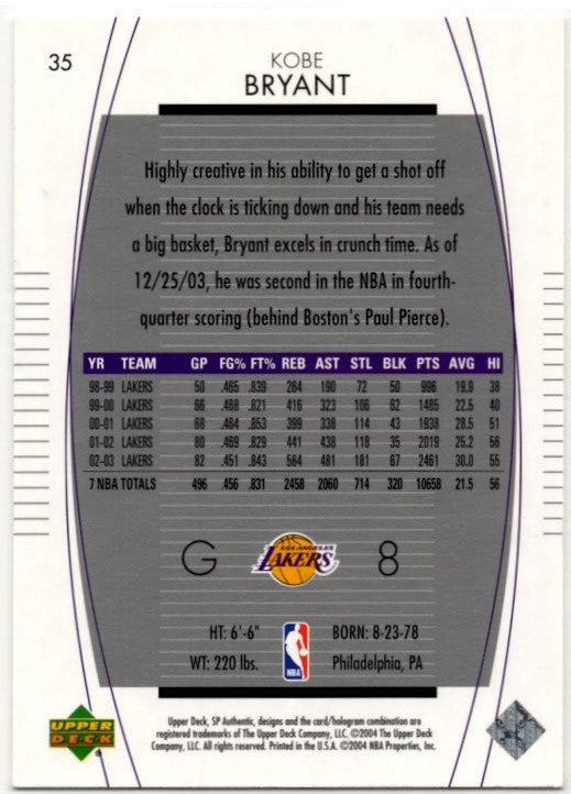 Kobe Bryant 2003-04 Upper Deck SPx Authentic Card #35