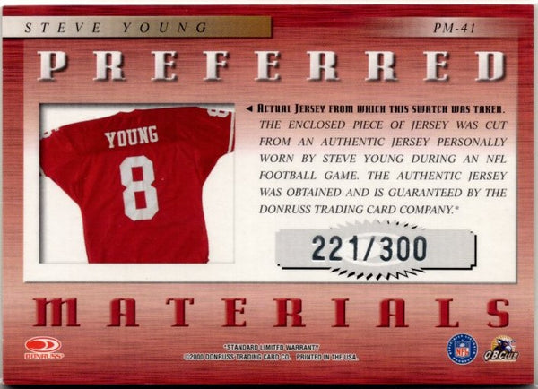 Steve Young 2000 Donruss Preferred QBC Preferred Materials Authentic Game Worn Jersey Card #PM-41 221/300